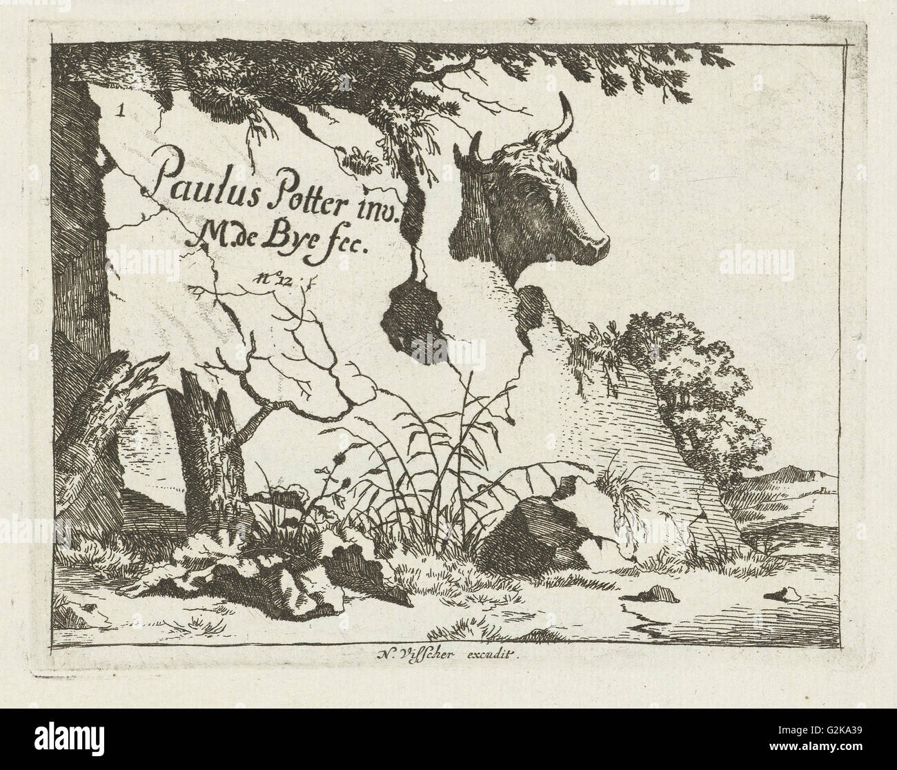 Tasse d'un boeuf derrière un rocher, Marcus de Bye, Nicolaes Visscher I, 1657 - c. 1677 Banque D'Images
