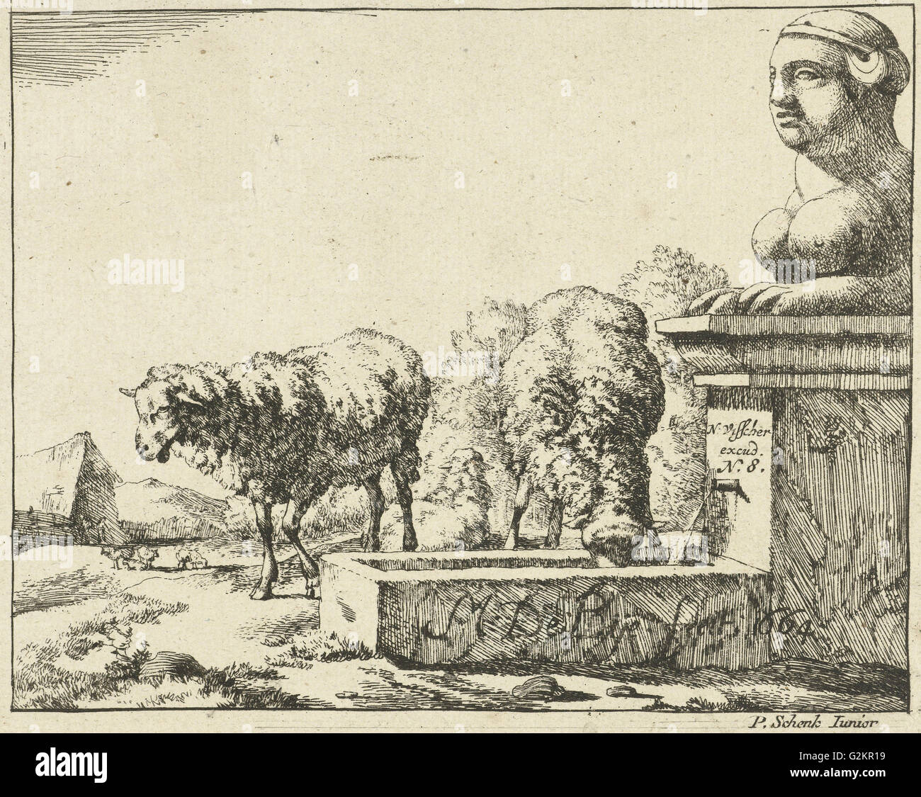 Deux moutons à un creux, Marcus de Bye, Pieter Schenk (II), Nicolaes Visscher (I), 1664 Banque D'Images