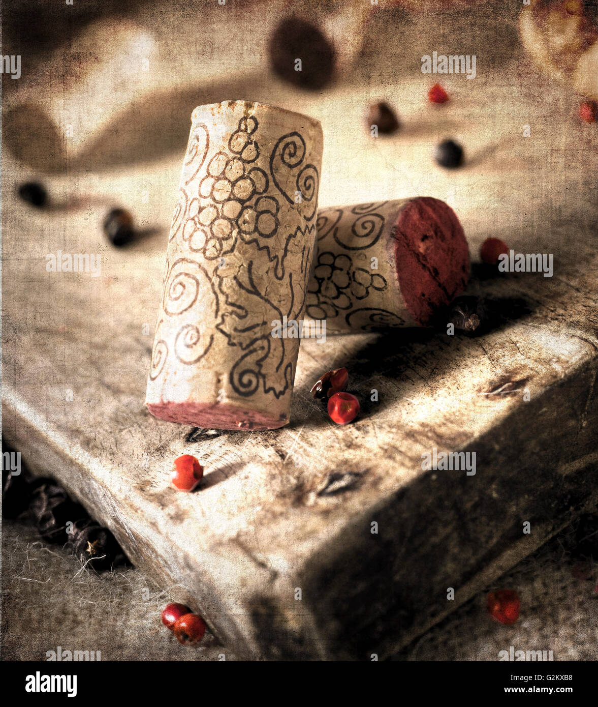 Wine Corks on Cutting Board Banque D'Images