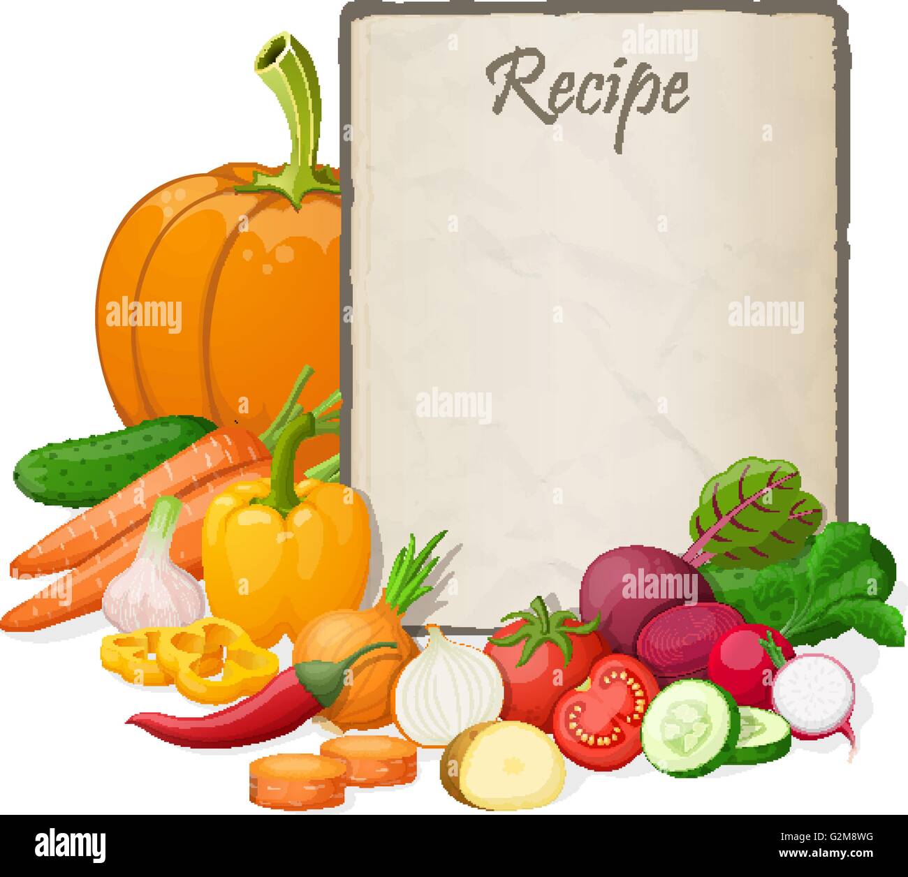 Fiche Recette. Note cuisine modèle vierge vector illustration. Le bloc-notes  sur la table de cuisson avec les légumes et Image Vectorielle Stock - Alamy