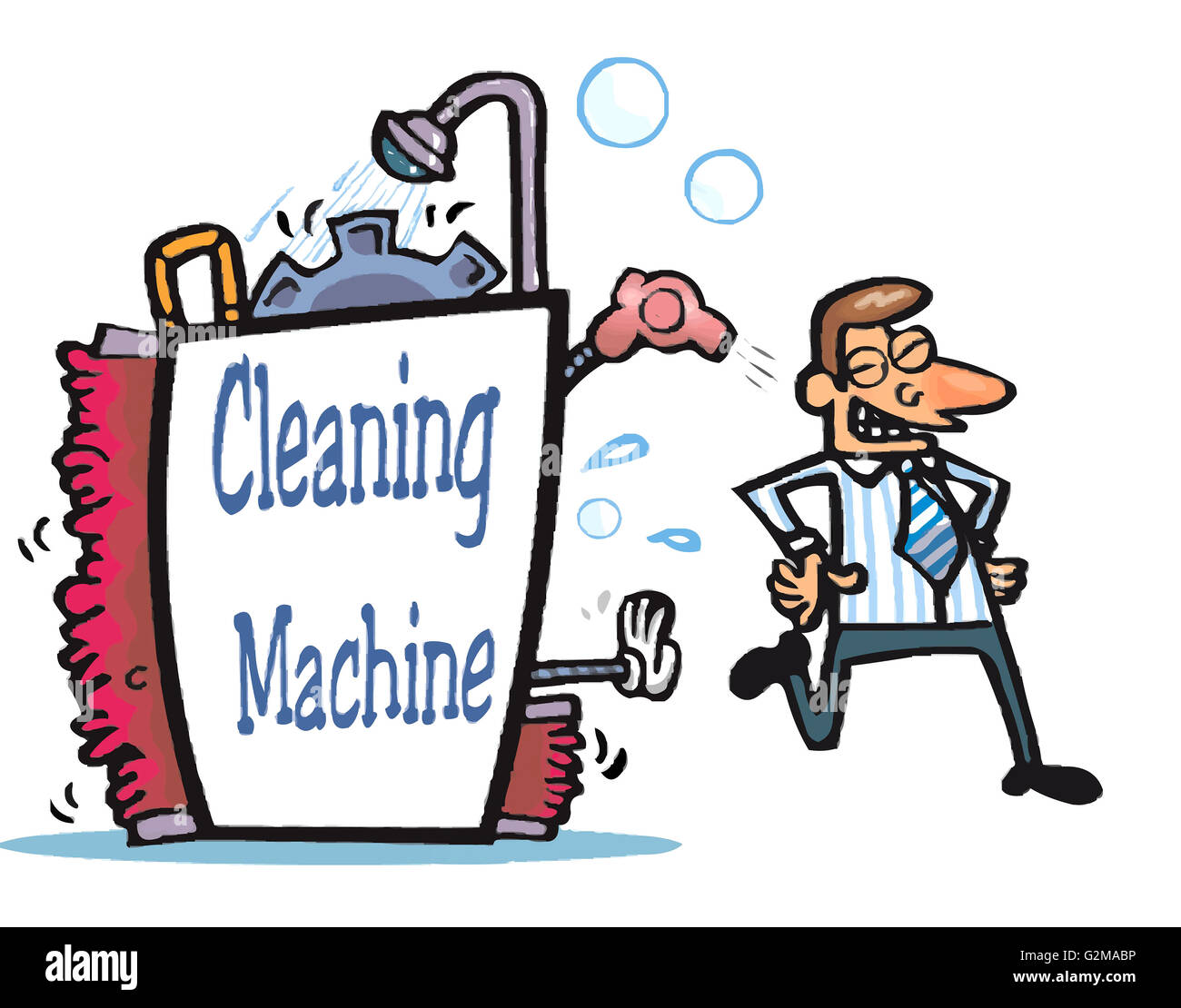 Homme marchant hors de la machine de nettoyage Banque D'Images