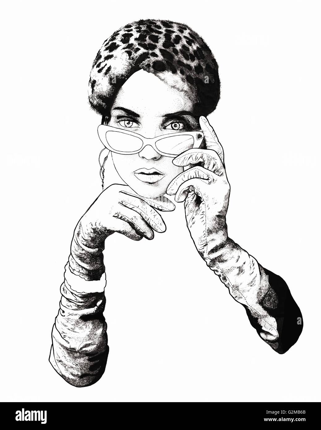 L'image de la mode de visage de femme avec des lunettes et les mains dans les gants, looking at camera Banque D'Images