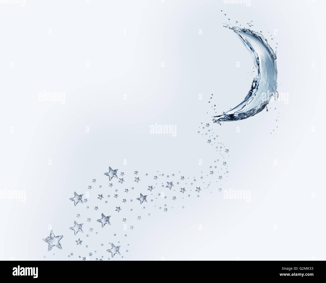 Un croissant bleu fait d'eau avec une traînée d'étoiles. Banque D'Images