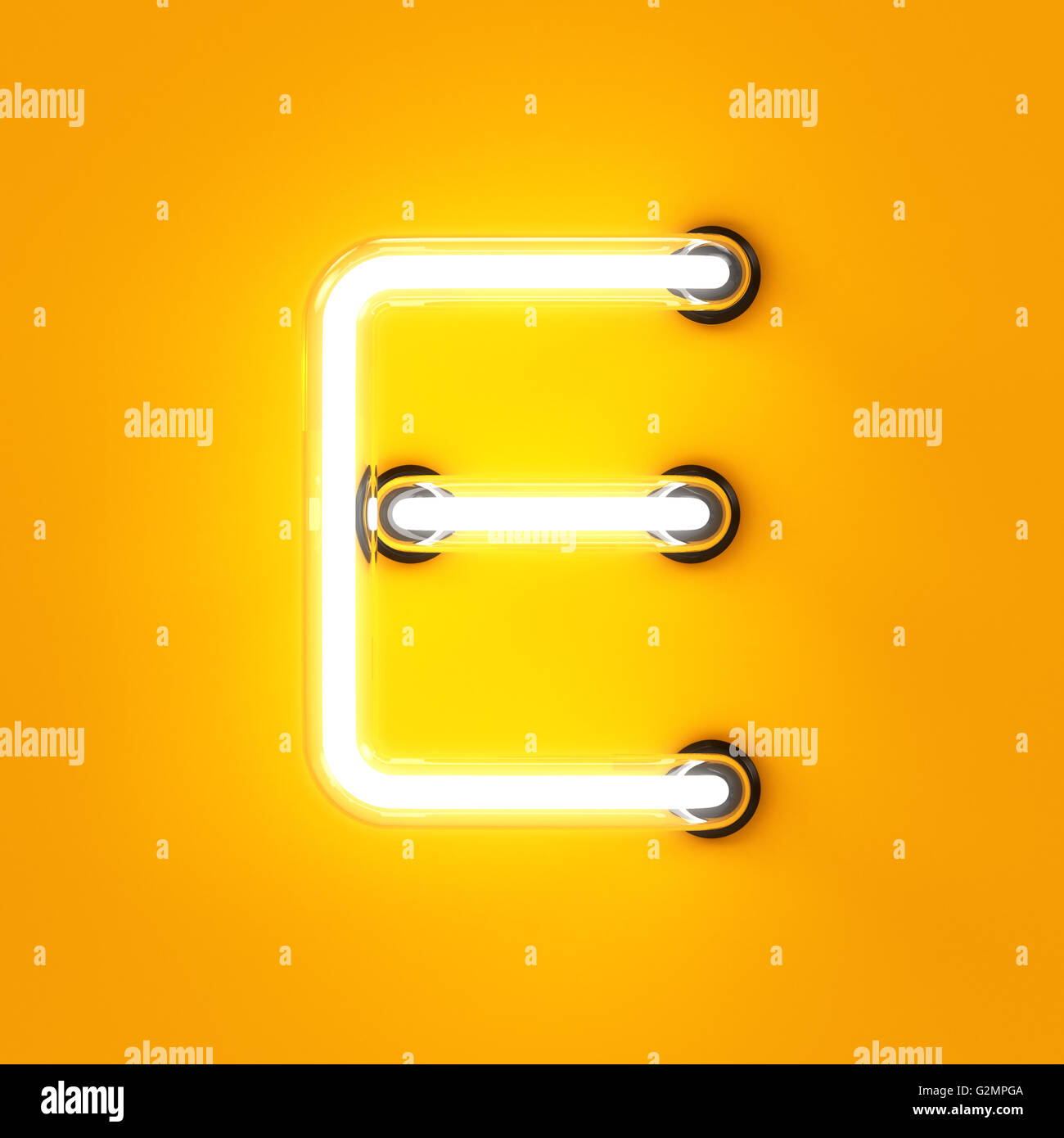 Neon light caractère alphabet E police. Tube neon glow lettres effet sur fond orange. Le rendu 3D Banque D'Images