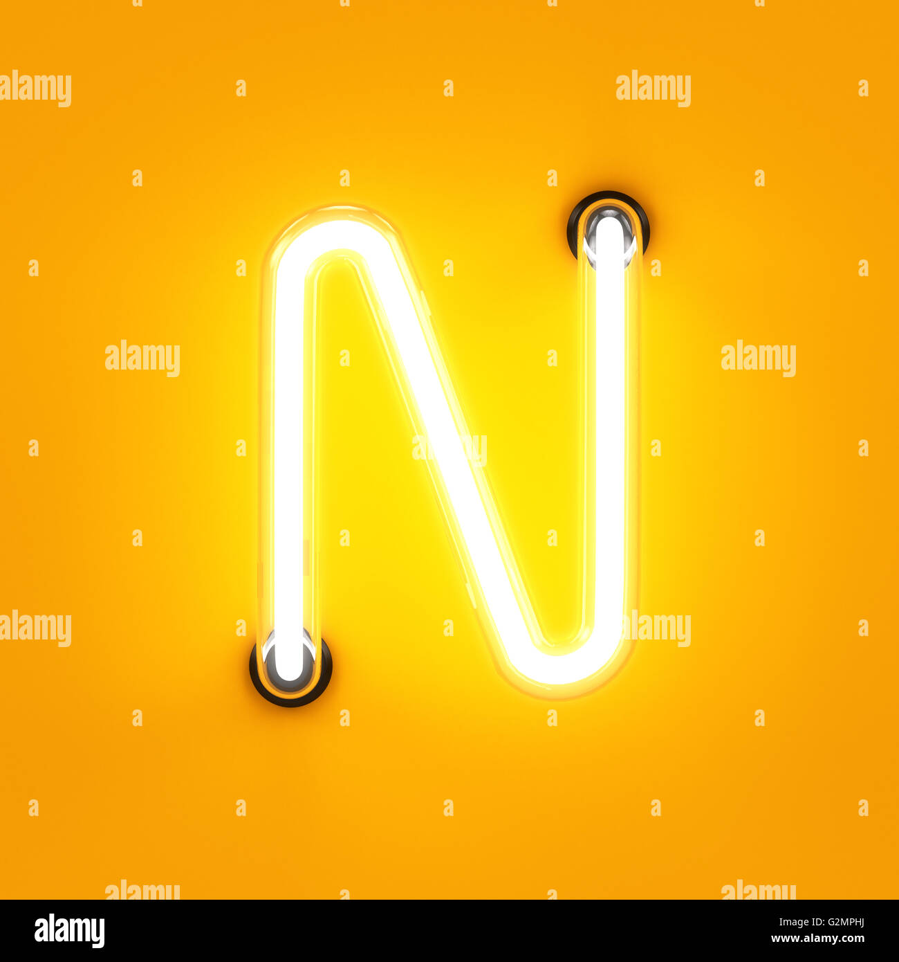 Lumière néon N caractères alphabet font. Tube neon glow lettres effet sur fond orange. Le rendu 3D Banque D'Images