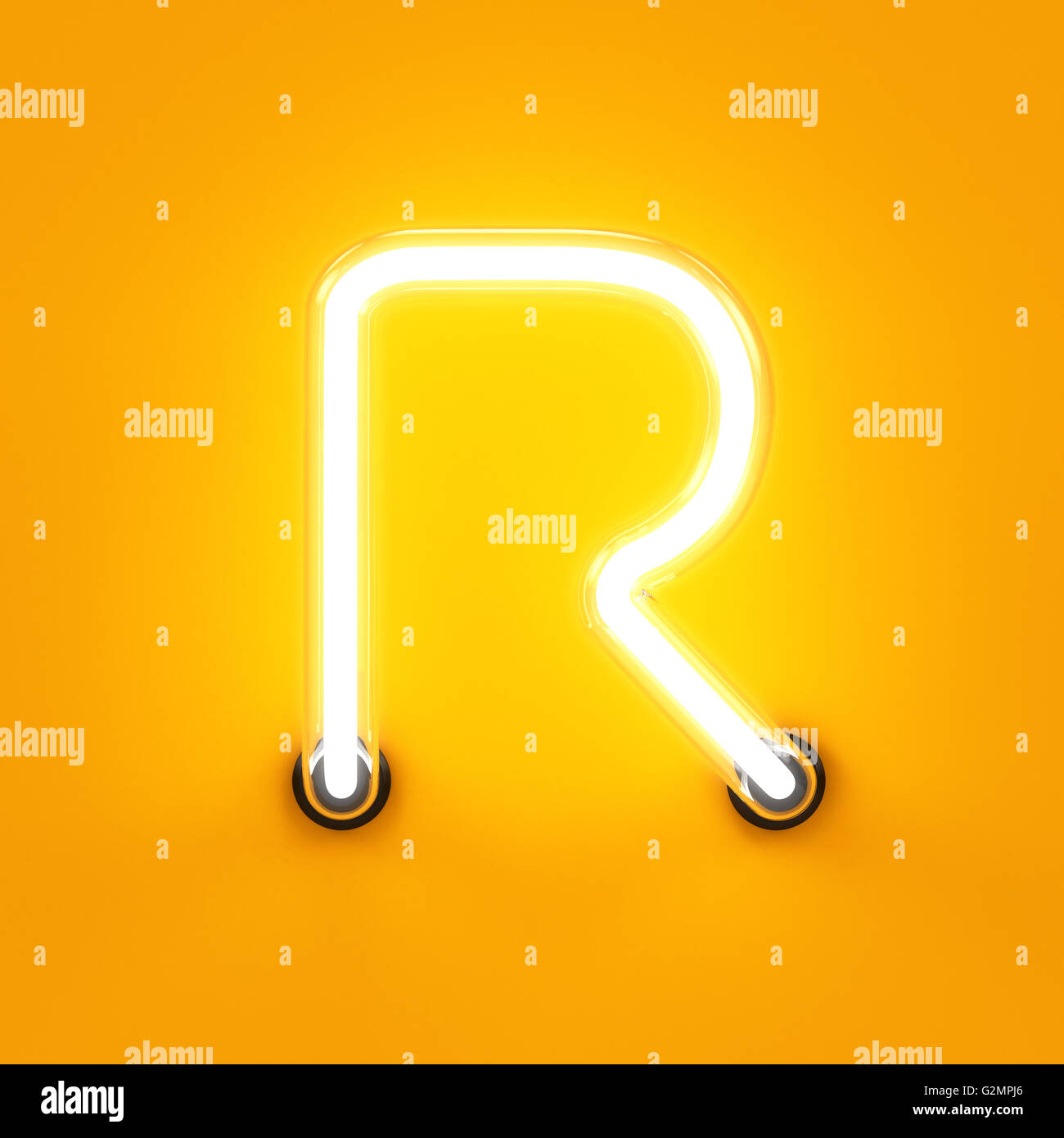 Neon light caractère alphabet R font. Tube neon glow lettres effet sur fond orange. Le rendu 3D Banque D'Images
