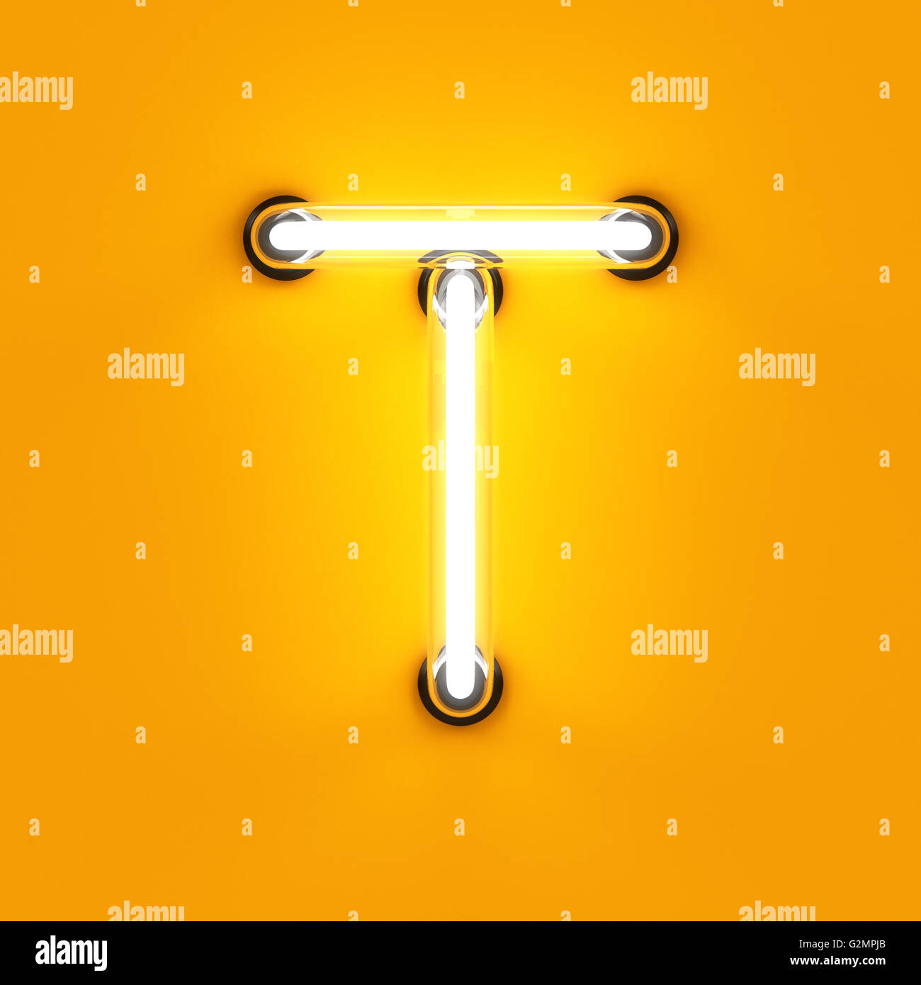 Neon light caractère alphabet T font. Tube neon glow lettres effet sur fond orange. Le rendu 3D Banque D'Images