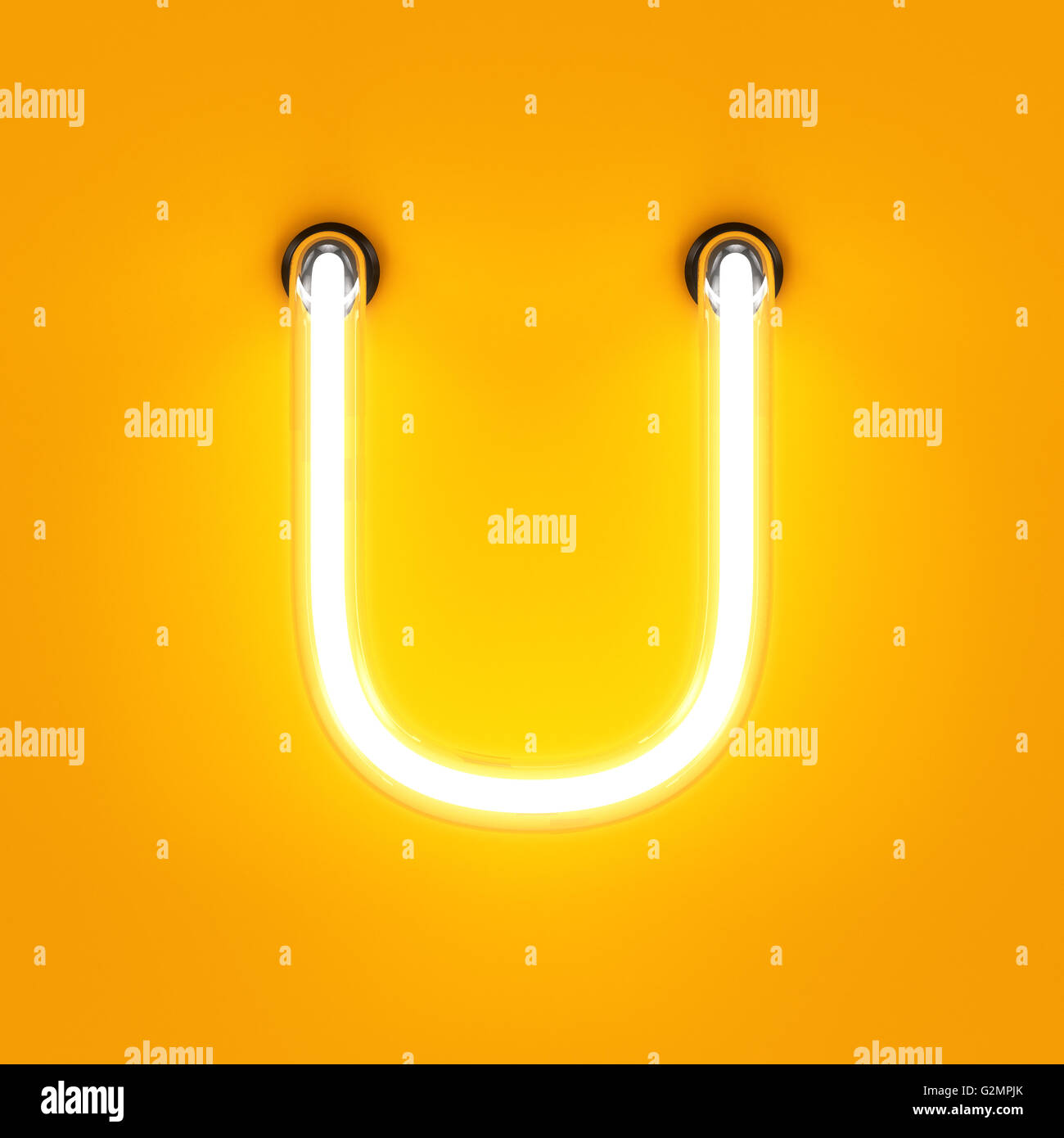 Neon light caractère alphabet U font. Tube neon glow lettres effet sur fond orange. Le rendu 3D Banque D'Images