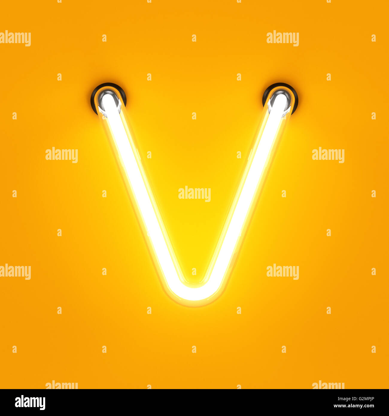 Neon light caractère alphabet V font. Tube neon glow lettres effet sur fond orange. Le rendu 3D Banque D'Images