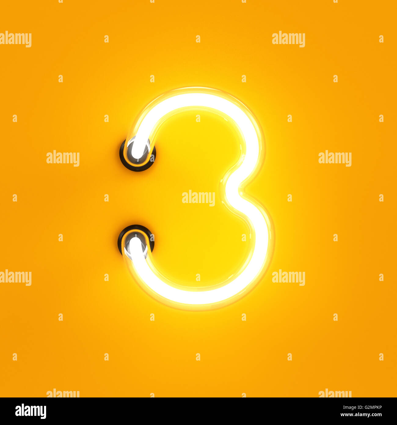 Neon light chiffres caractères alphabet 3 trois font. Tube neon glow lettre effet sur fond orange. Le rendu 3D Banque D'Images