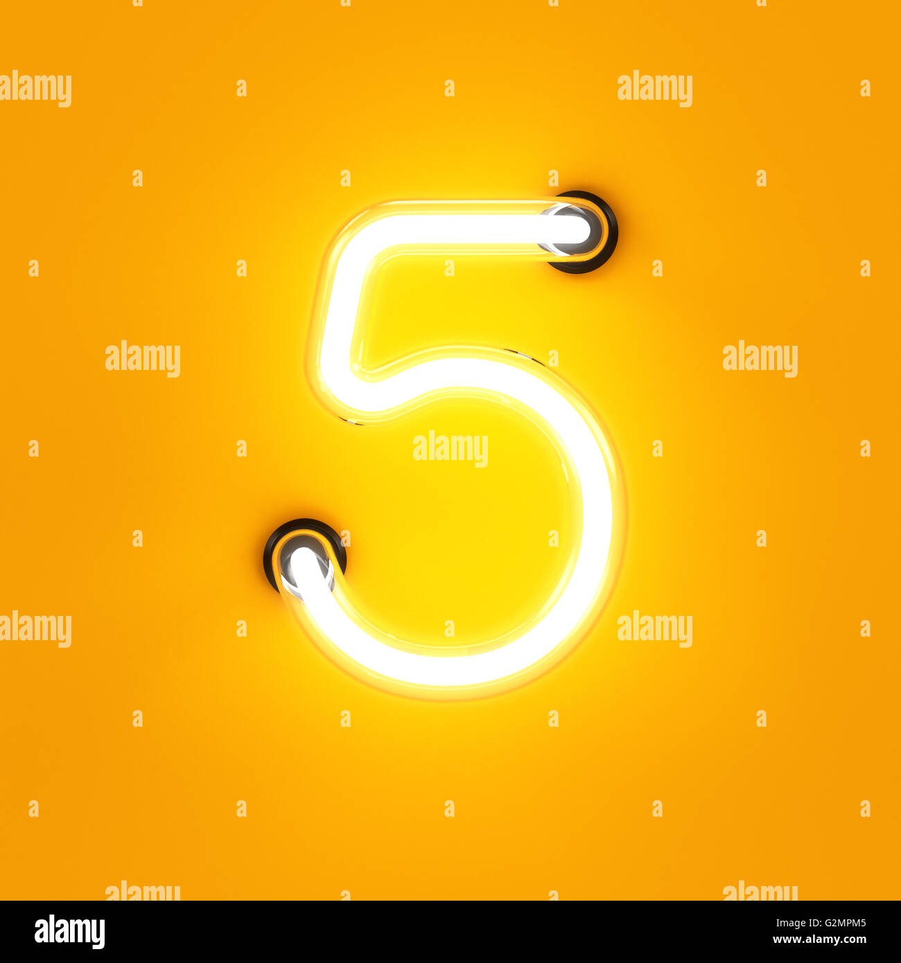 Neon light chiffres caractères alphabet 5 cinq font. Tube neon glow lettre effet sur fond orange. Le rendu 3D Banque D'Images