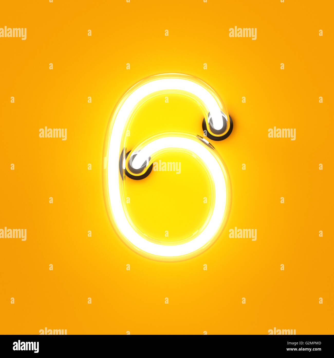 Neon light chiffres caractères alphabet 6 six font. Tube neon glow lettre effet sur fond orange. Le rendu 3D Banque D'Images