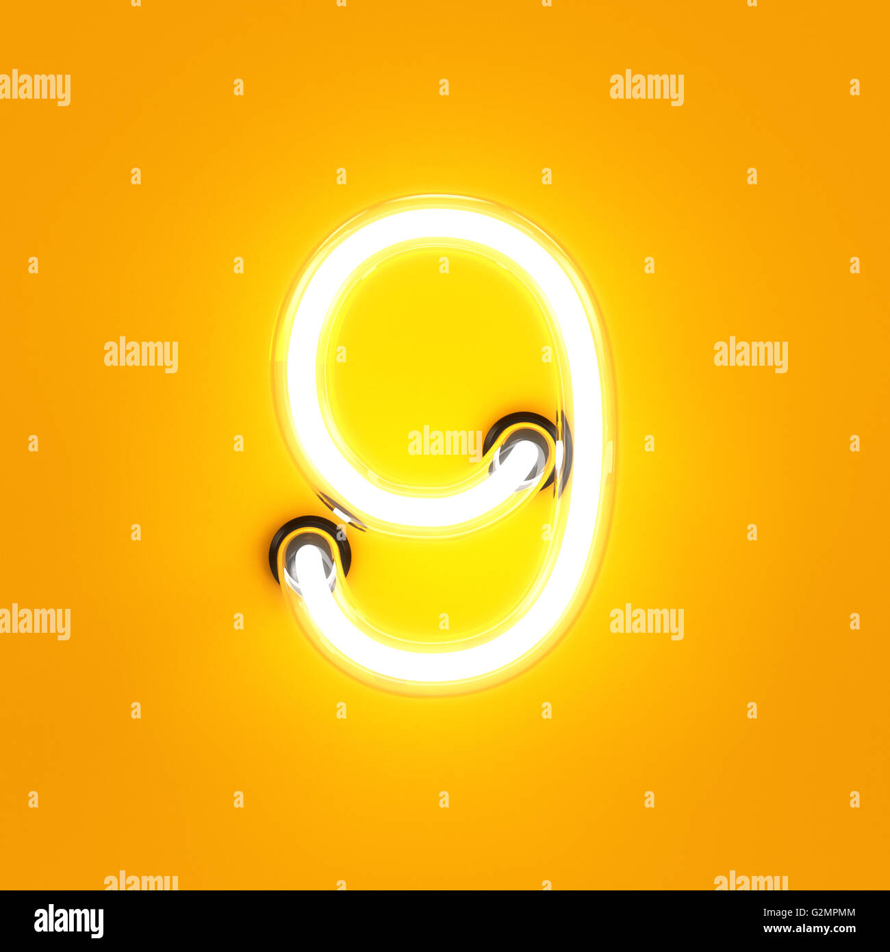 Neon light chiffres caractères alphabet 9 neuf font. Tube neon glow lettre effet sur fond orange. Le rendu 3D Banque D'Images