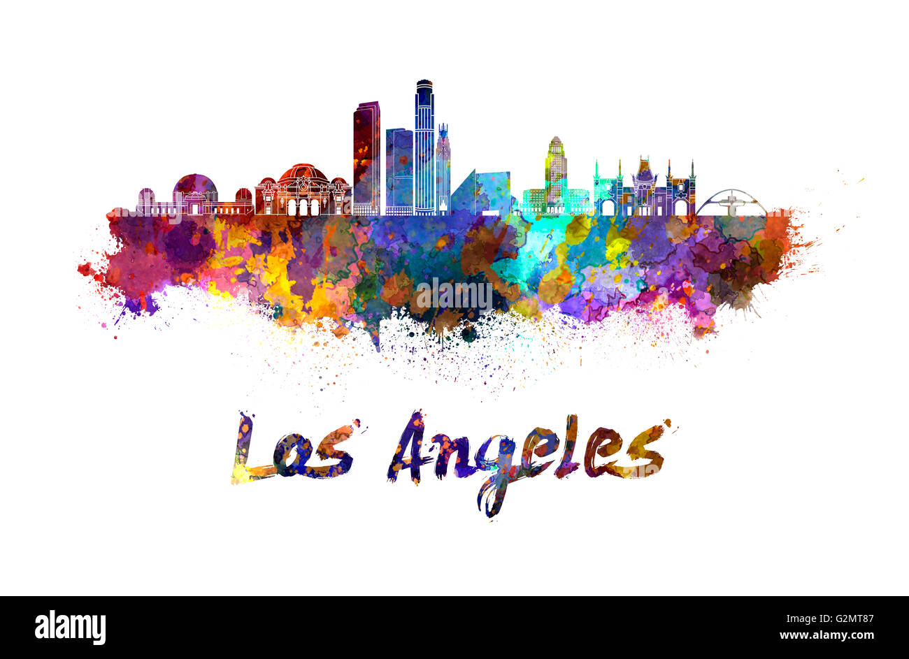 Los Angeles skyline à l'aquarelle des éclaboussures avec clipping path Banque D'Images