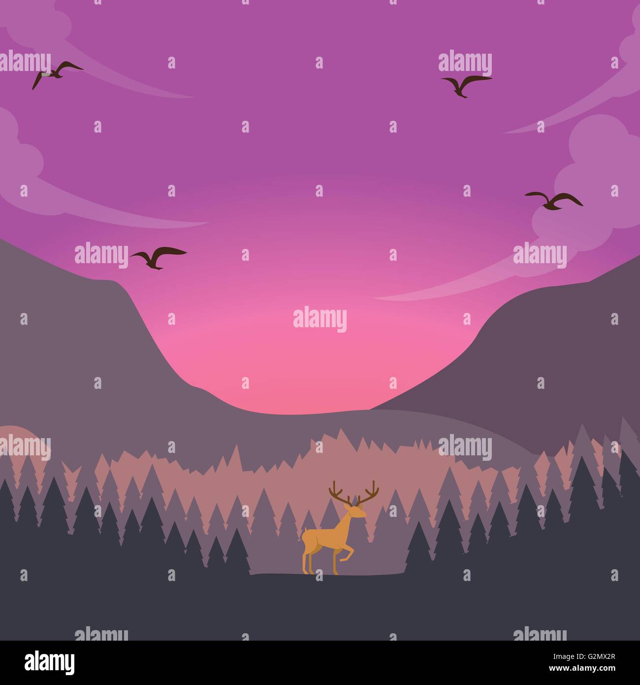 Scène de la nature le cerf sur le coucher du soleil lever du soleil dans le ciel majestueux de la forêt Illustration de Vecteur