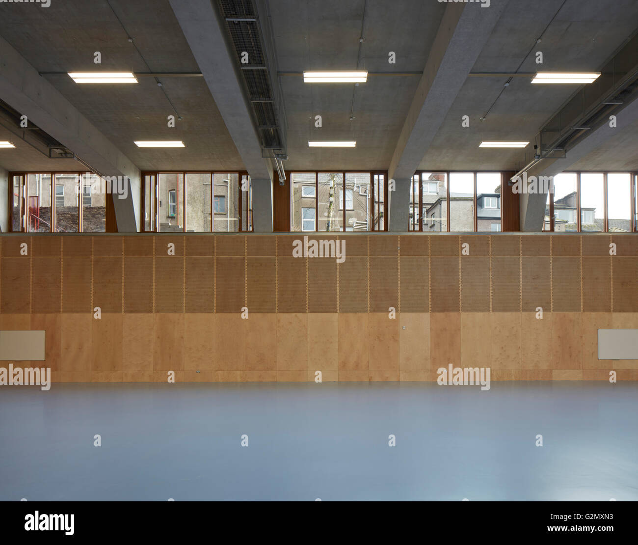 Hauteur Triple salle de sport avec claire-voie. Sainte Angela's College Cork, Cork, Irlande. Architecte : O'Donnell Tuomey Architects, 2016. Banque D'Images