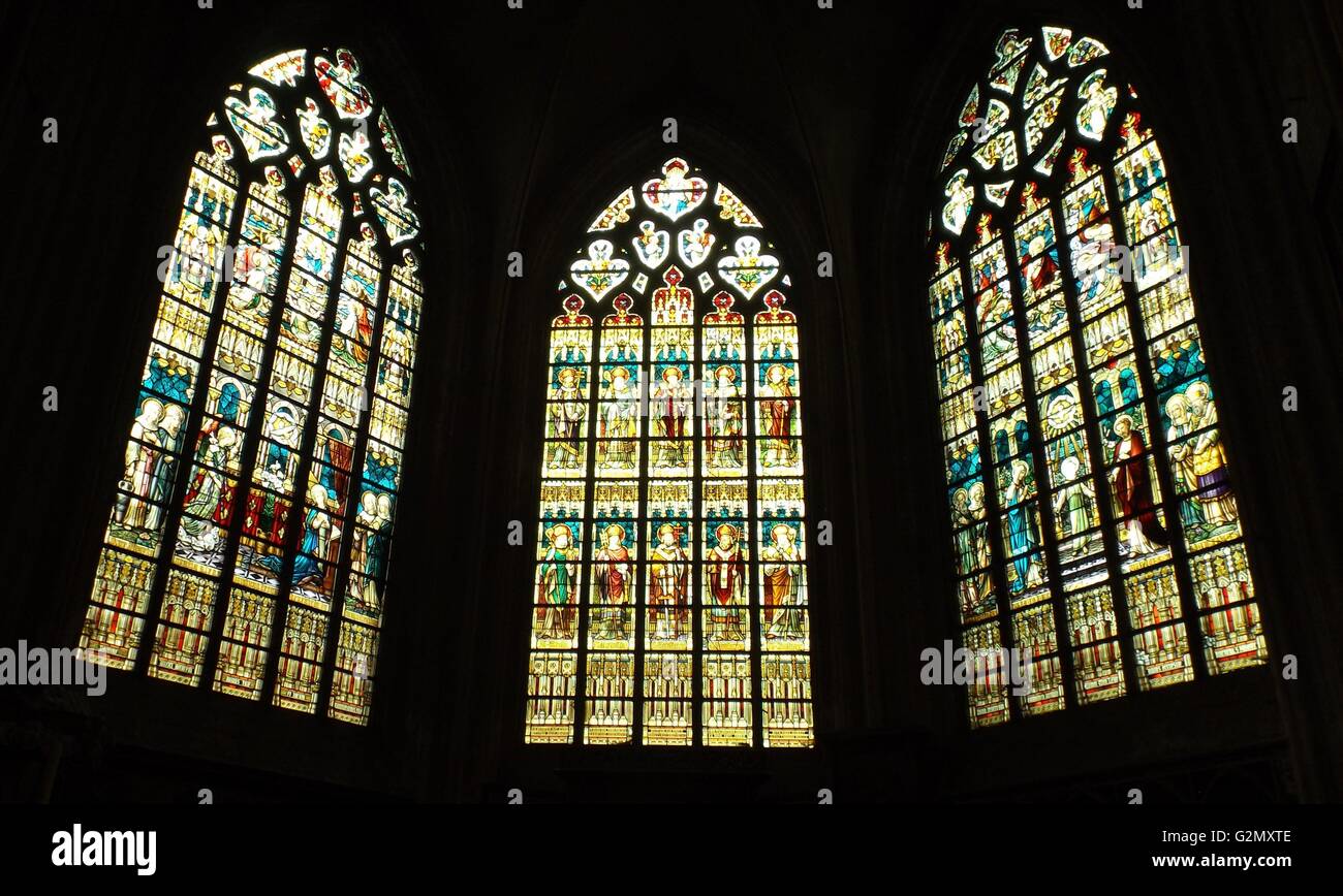 Vitraux 2013. À l'intérieur de la cathédrale Saint Salvator Bruges 2013. Représentant des histoires de la Bible et des chefs religieux. Banque D'Images