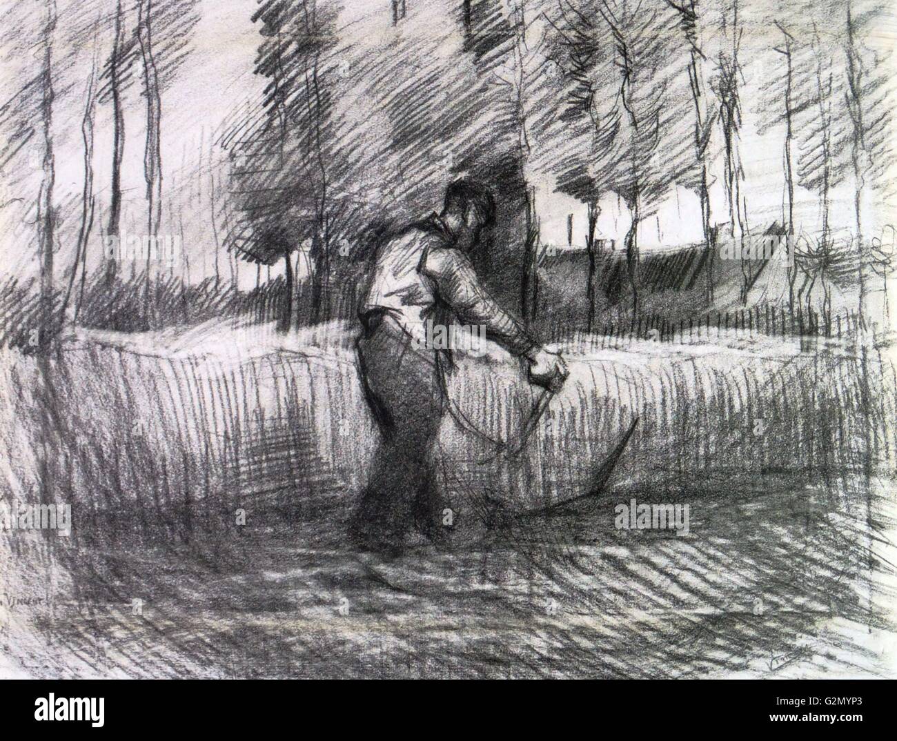 Peinture du célèbre peintre néerlandais Vincent Van Gogh (30 mars 1853 - 29 juillet 1890), l'œuvre intitulée "champ de blé avec des arbres et un agriculteur battre'. Terminé en 1885. Banque D'Images