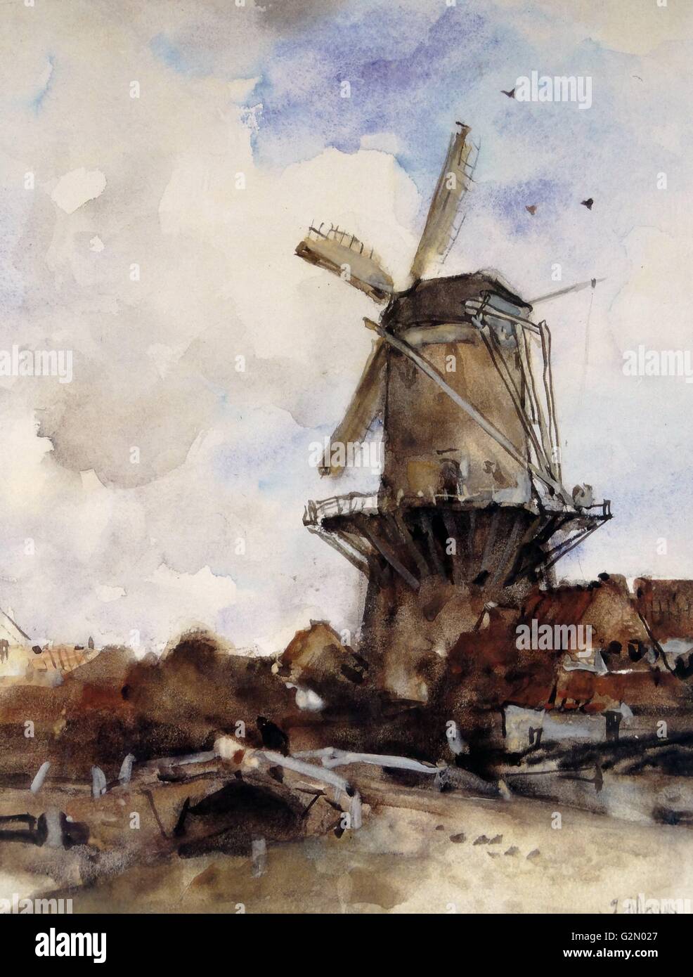 L'aquarelle par l'artiste hollandais Jacob Maris (25 août 1837 - 7 août 1899) œuvre intitulée 'Le vieux moulin'. Terminé c1885. Banque D'Images