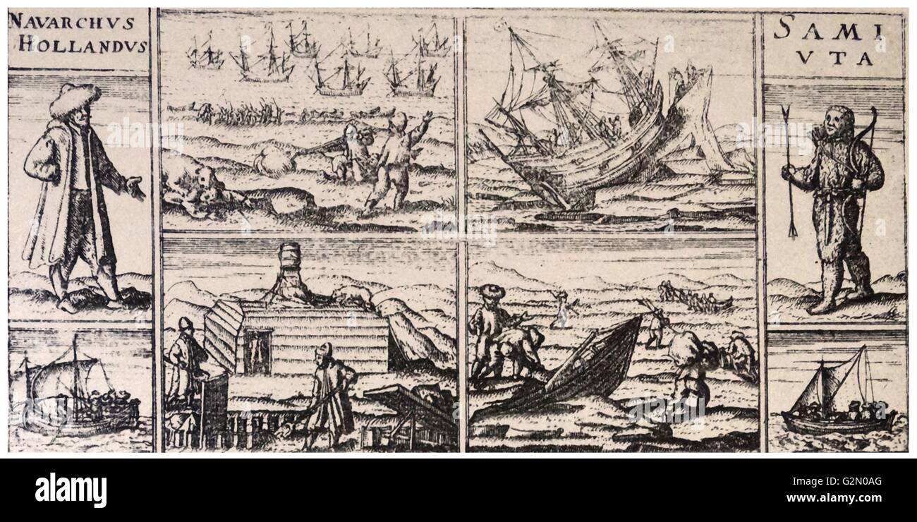 Les voyages de barentz par Gerrit de veer 1598 une variété d'aventures. Willem Barentsz (William Barentz ou Barents) (ch. 1550 - 20 juin 1597), navigateur hollandais, cartographe et explorateur de l'Arctique. Il a ajouté trois expéditions dans le grand nord à la recherche d'un passage du nord-est. Au cours de sa troisième expédition, l'équipage a été échoué sur Nova Zembla depuis près d'un an. Barentsz meurt sur le voyage de retour en 1597. Au 19e siècle, la mer de Barents a été nommé d'après lui. Banque D'Images