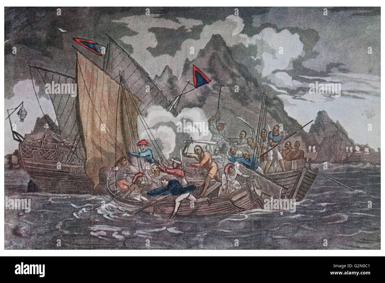 Le Lieut. Turner & bateaux de l'équipage du navire 'Pays', navire faits prisonniers par les pirates 1805 Ladrone. 19e siècle l'aquatinte. Artiste inconnu Banque D'Images