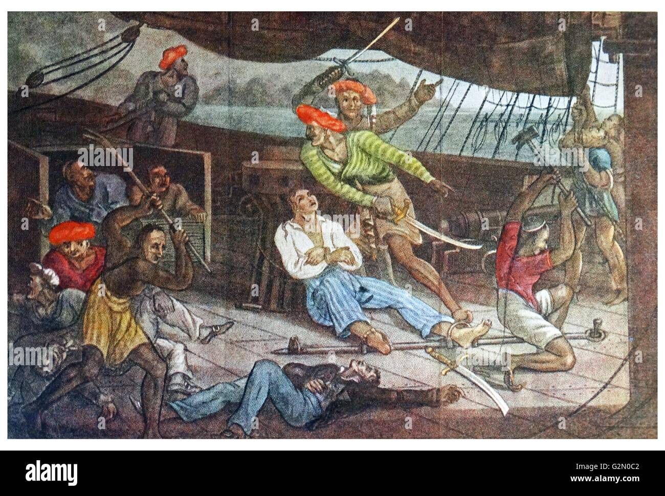 M. Sharp, chef du brick "l'amiral Trowbridge', est sauvagement blessés, mis aux fers et enrichis à la plate-forme par des pirates au large 1806 Malacca. 19e siècle l'aquatinte. Artiste inconnu Banque D'Images