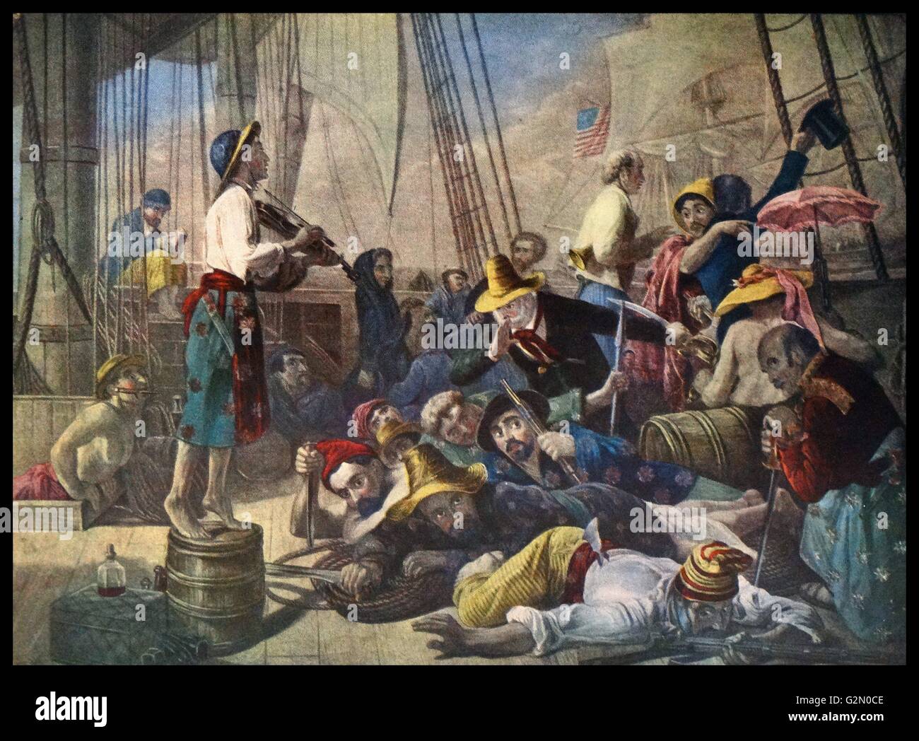 Pirates vêtus de vêtements de femmes tentent de tentatives d'un navire marchand. Par Auguste-Francois Biard ; 19e siècle gravure de couleur. Banque D'Images