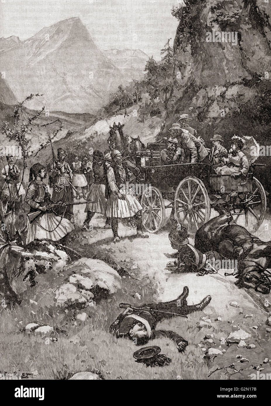 Y compris les touristes anglais Lord et Lady Muncaster, capturé par les brigands À Oropos, près de Marathon, en Grèce en 1870. Banque D'Images