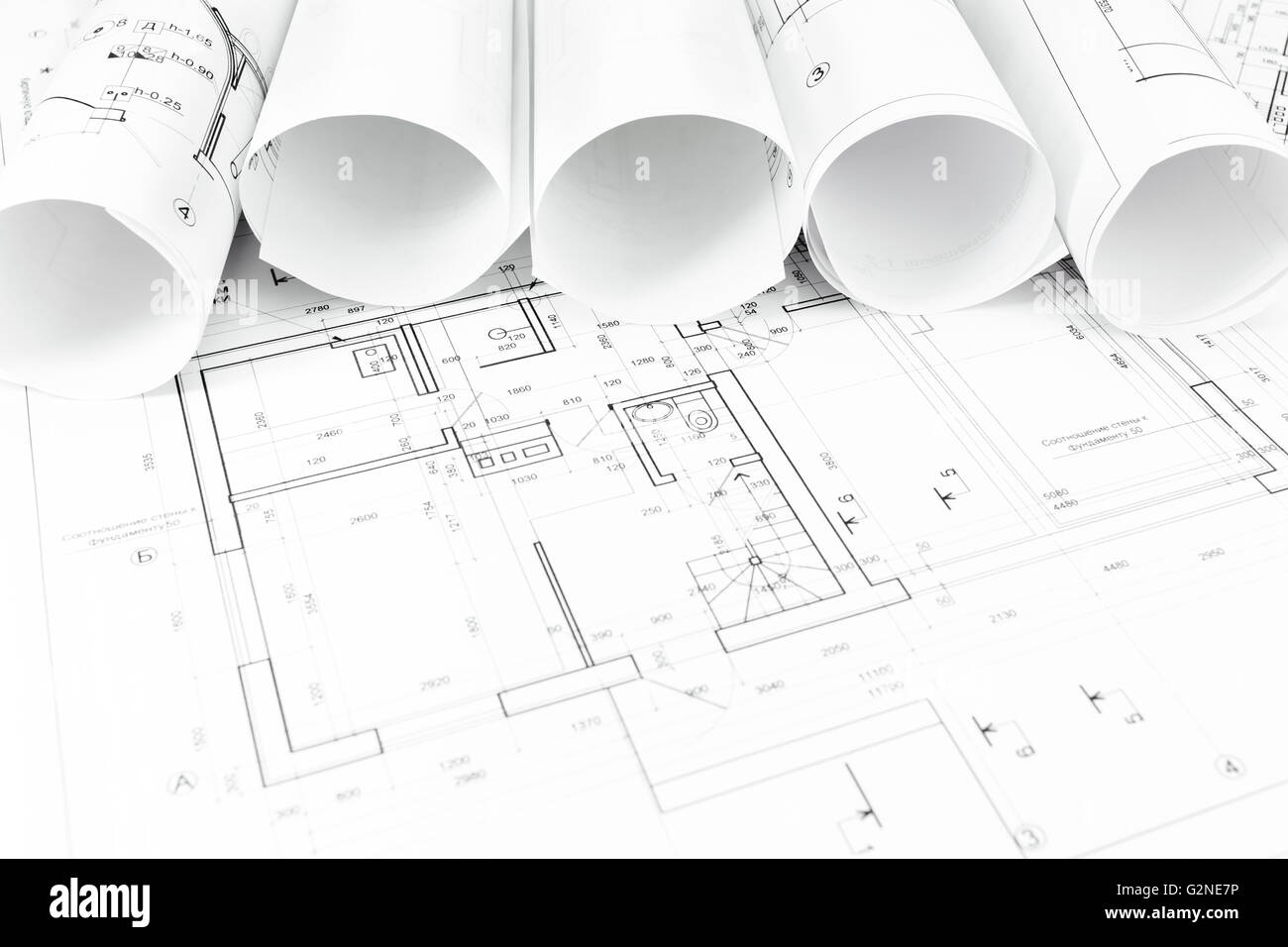 Partie de projet architectural et plan de maison plans enroulés Banque D'Images