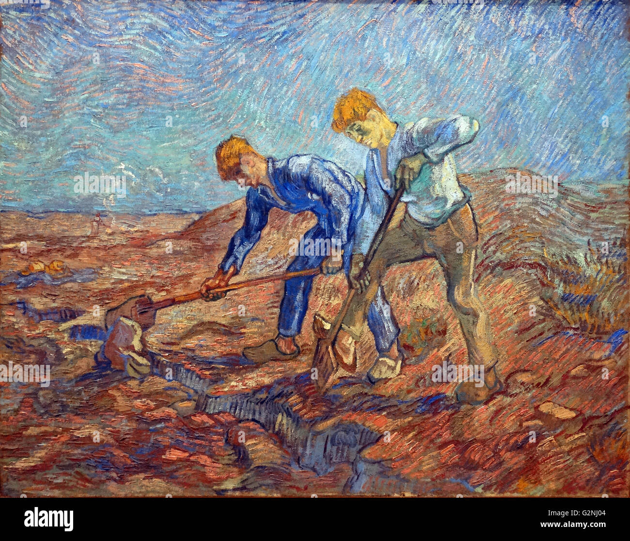 Deux paysans creusant (huile sur toile) par Vincent Van Gogh (1853-1890) un peintre postimpressionniste d'origine néerlandaise dont le travail - remarquable pour sa beauté brute, l'honnêteté émotionnelle et bold color - avait une profonde influence sur l'art du xxe siècle Banque D'Images