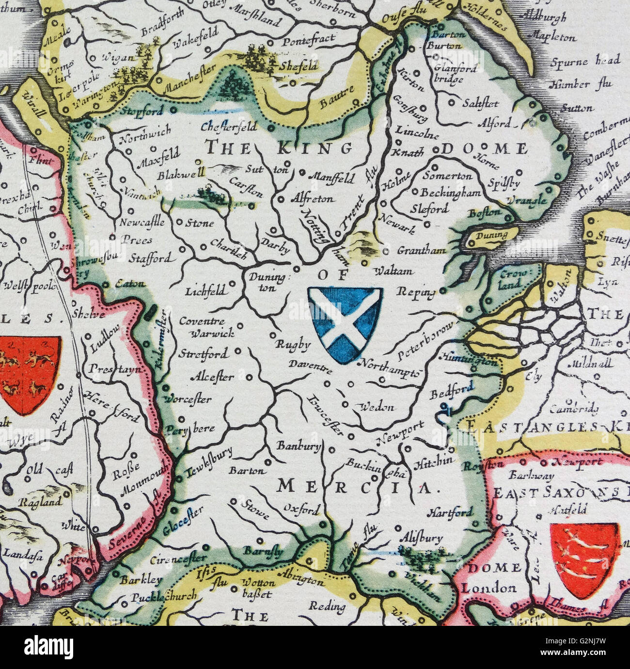 Bouclier de mercie, de l'Heptarchie ; un nom collectif appliqué à les royaumes anglo-saxons du sud, l'Est, et le centre de l'Angleterre durant l'antiquité tardive et le haut Moyen Age, détail d'une carte antique de la Grande-Bretagne, par le cartographe Hollandais Willem Blaeu Atlas Novus (Amsterdam en 1635) Banque D'Images