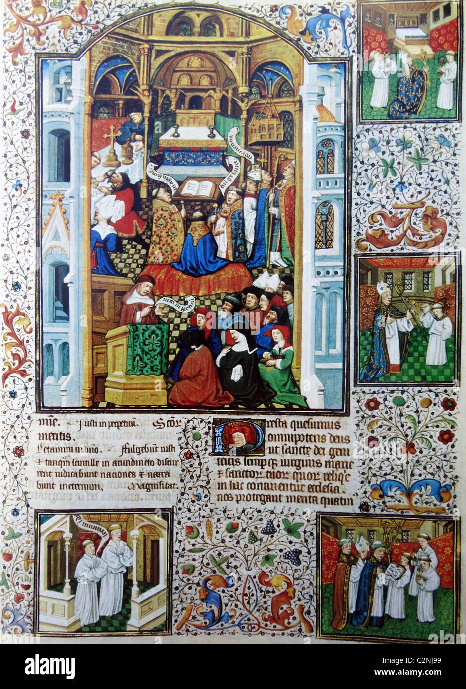 15e siècle bréviaire documenter les événements de la journée. L'illustration présente une grande masse étant célébré ; les reliquaires sont debout sur une table à la gauche ; à l'avant-plan, d'un sermon. Les petites images illustrent des stades particuliers de la Messe du 15e siècle Banque D'Images
