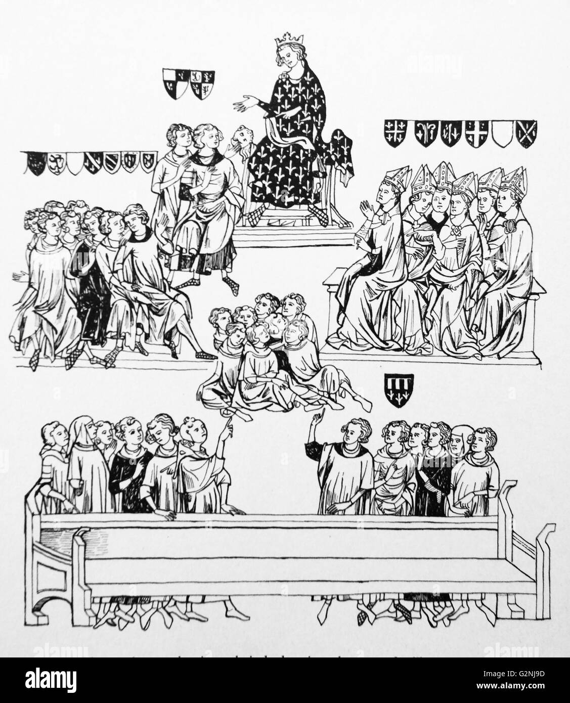 Miniature du roi Philippe le Bel, présider ses évêques et laïcs. En date du 14e siècle Banque D'Images