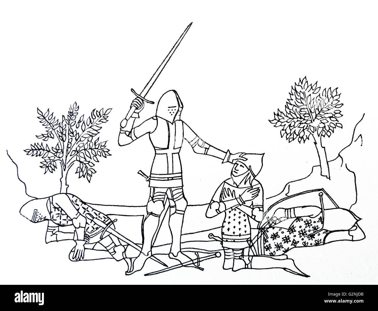 Dessin d'un Chevalier recevant l'accolade sur le champ de bataille, tiré d'un roman de sir Lancelot. En date du 14e siècle Banque D'Images