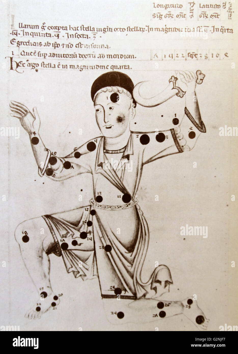 Illustration du travail d'Al-Sufi. Hercules a été représenté a été faite pour ressembler à un Arabe, avec son club s'est transformé en un cimeterre. Les points représentent l'emplacement de l'étoile de la constellation, marqué en avec chiffres arabes. En date du 13e siècle Banque D'Images