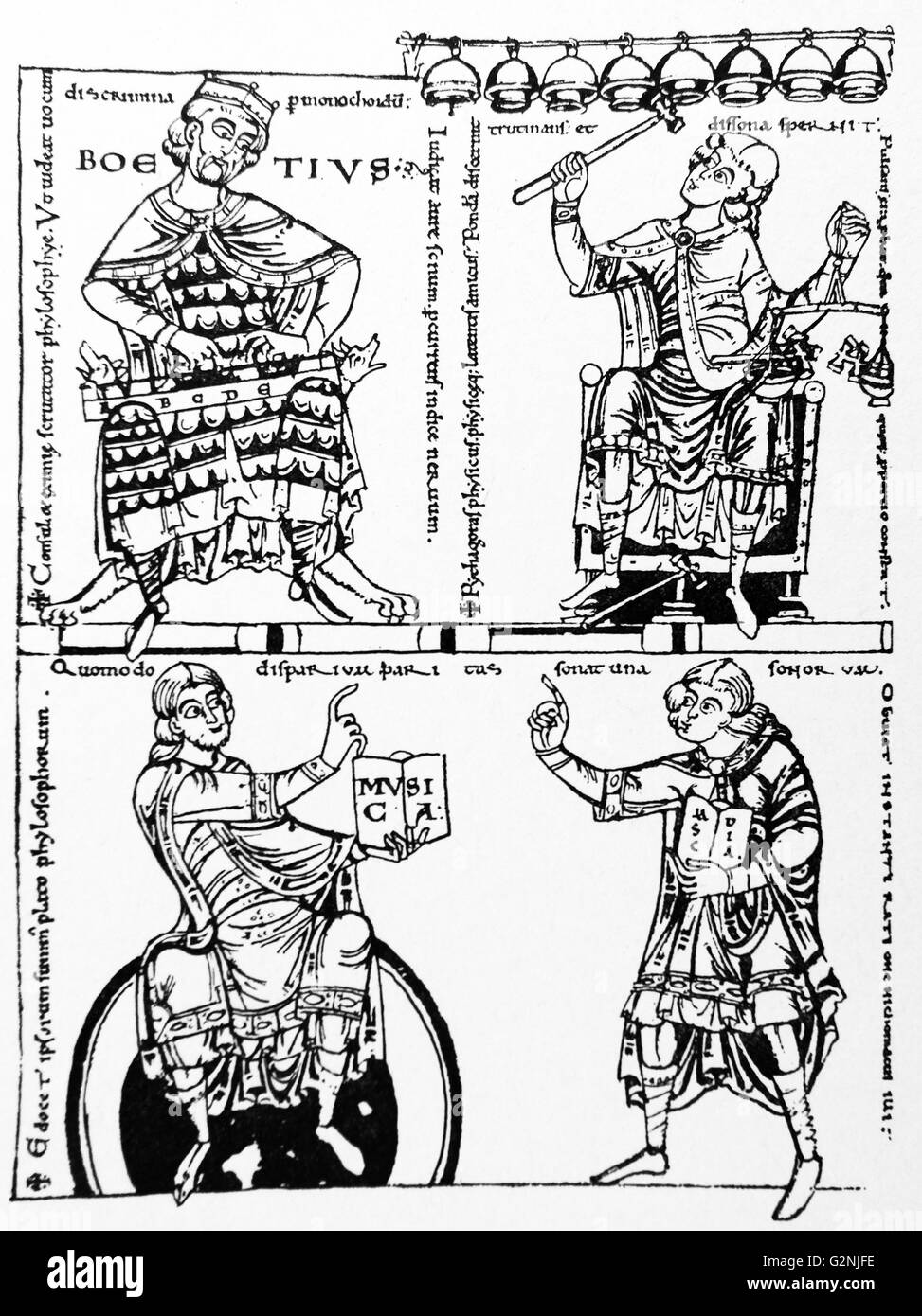 Illustrations de Boëthius 'De la comédie musicale". Image en haut à gauche est de Boëthius lui-même, les autres chiffres sont des philosophes qui l'ont influencé dans son travail sur la musique - Pythagore, Platon et Nicomachus. En date du 12e siècle Banque D'Images