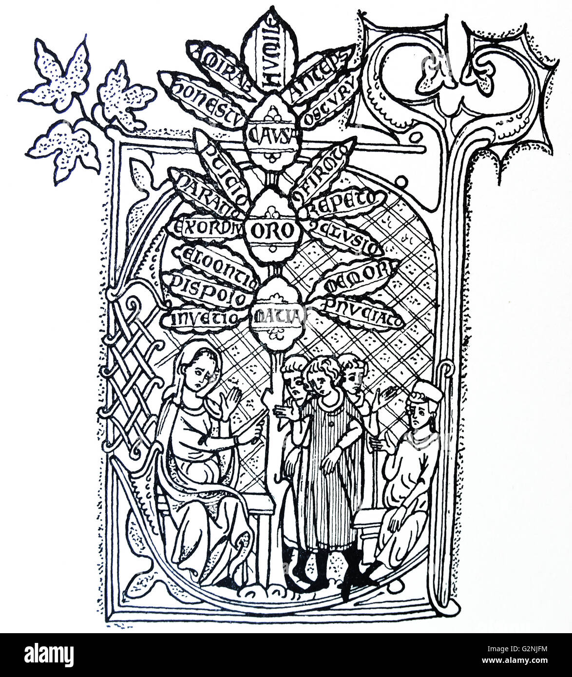 Illustration de la rhétorique l'enseignement. La tige de l'arbre se divise en trois grandes parties de la rhétorique- 'Causa", "Oratio" et "papier", alors que les feuilles symbolisent les sous-divisions de chaque partie. En date du 12e siècle Banque D'Images