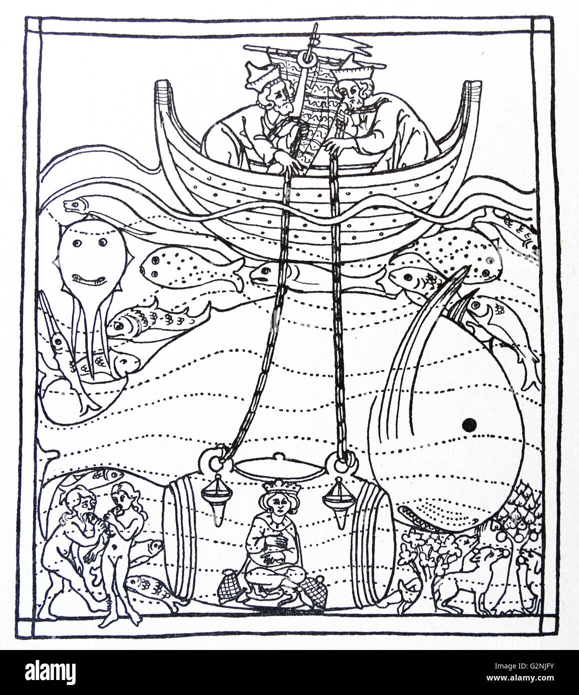 Dessin de ligne médiévale d'Alexandre le Grand en ordre décroissant jusqu'au fond de la mer dans un tonneau de verre pour étudier les poissons. En date du 12e siècle Banque D'Images