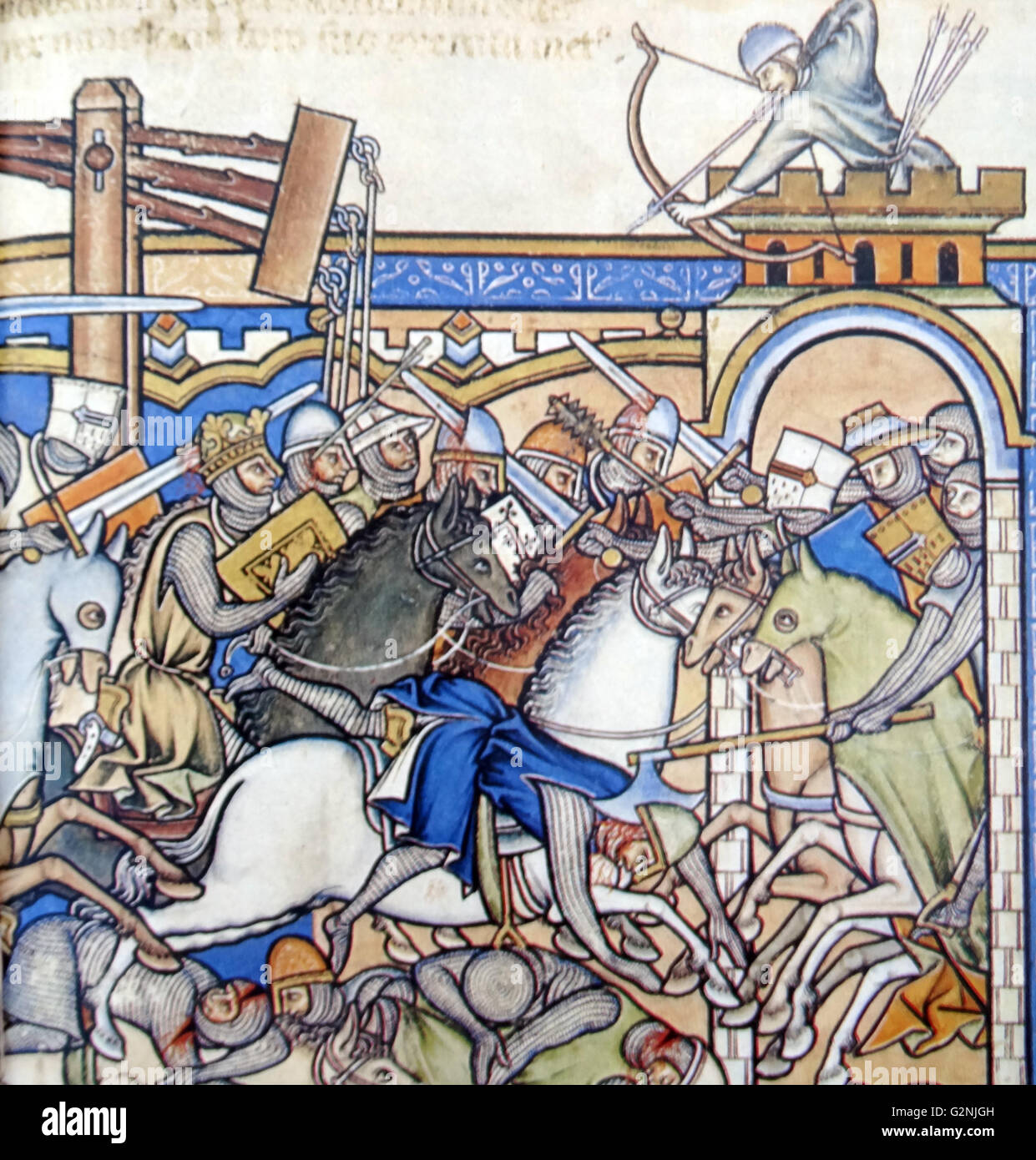 Scène de bataille médiéval dépeint des chevaliers en électronique de la chaîne et des casques. Leurs armes : sabre lourd pour le piratage, mace, Bataille-ax, des flèches et d'une catapulte pour lancer des pierres. En date du 13e siècle Banque D'Images