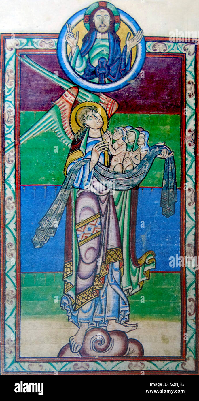 Peinture de St Michel Archange présentant une serviette d'âmes à Christ. Les Byzantins, presque hiératique, figure du Christ, regarde les moniteurs, mais l'ange, est généralement linéaire et gracieux. En date du 12e siècle Banque D'Images