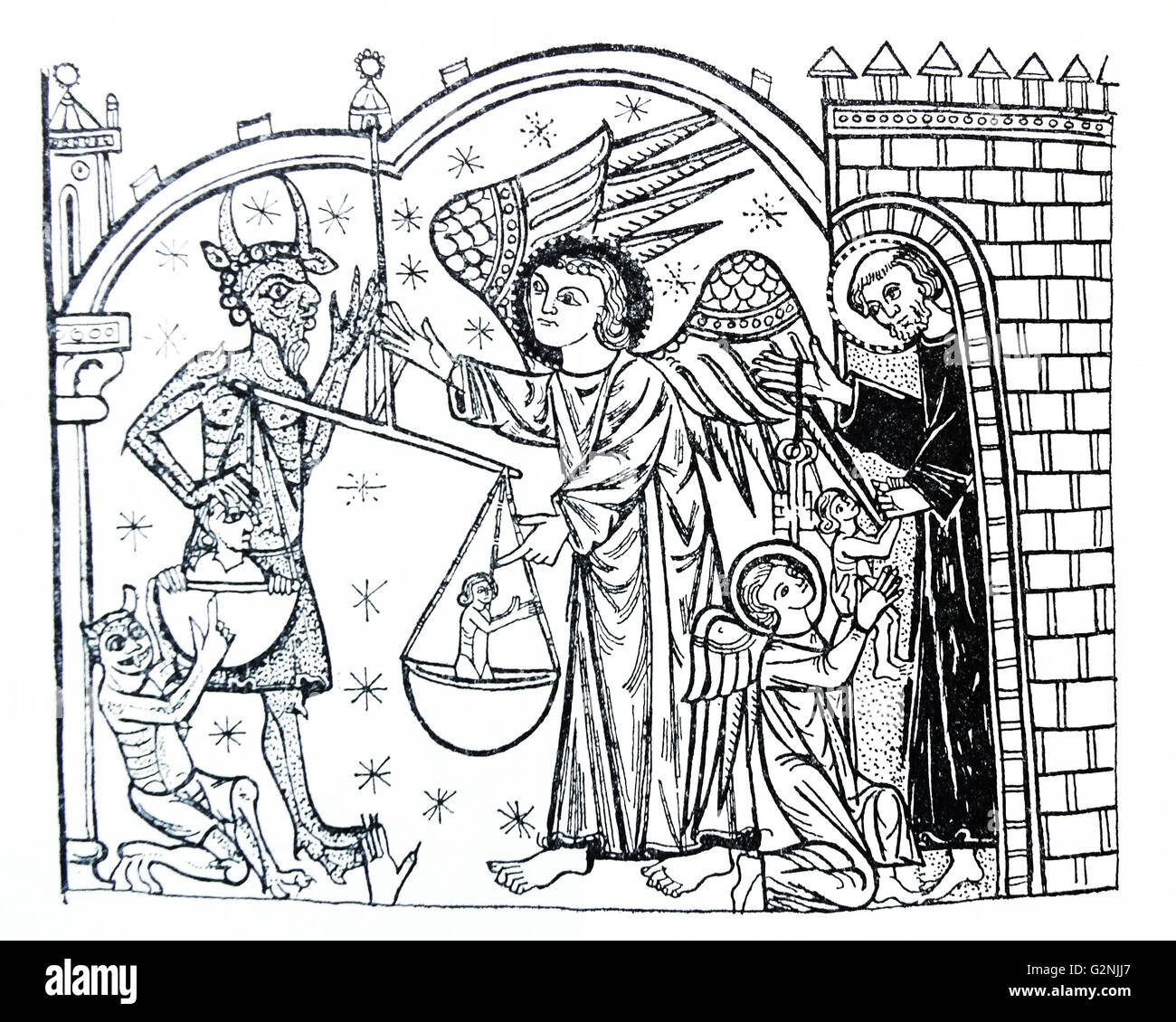 Dessin illustrant la pesée des âmes. L'âme est sauvée malgré la tricherie démons qui sont dépeints en le poussant vers le bas les échelles et livré sans encombre à Saint Pierre aux portes du paradis. En date du 13e siècle Banque D'Images