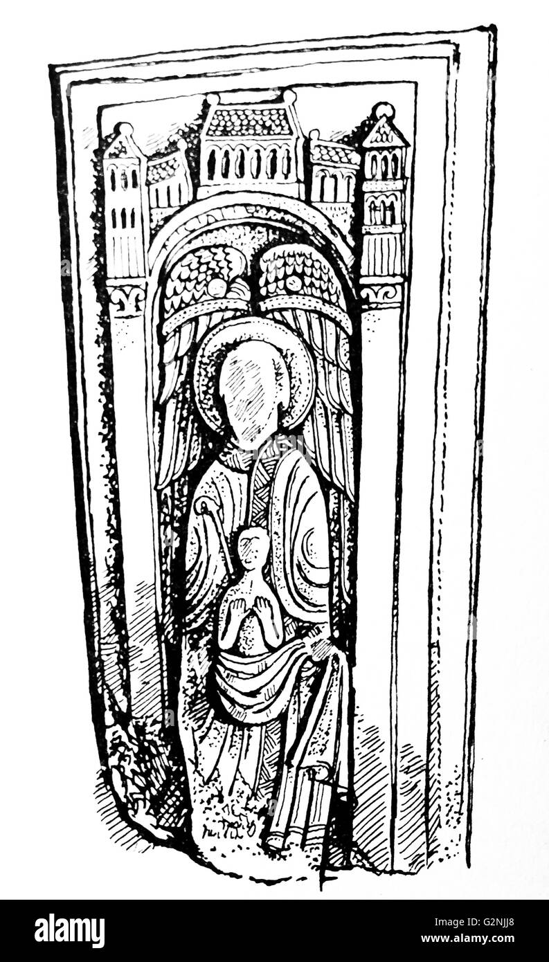 Le dessin des lignes d'une dalle de tombeau appartenant probablement à l'Évêque Nigel. L'âme du défunt est indiqué sur son chemin au ciel dans les soins de St Michel. En date du 12e siècle Banque D'Images