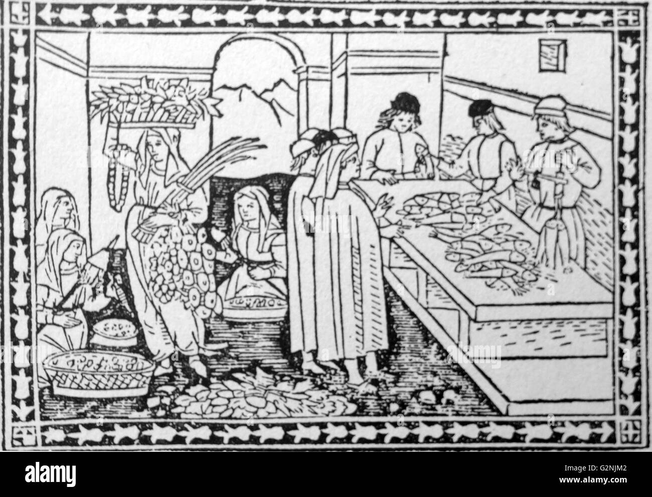 Gravure sur bois d'un marché de poisson et de légumes dans la Florence médiévale. Dans la scène du marché, deux femmes sont assis, tandis qu'un autre thread spinning transporte un assortiment de produits frais. En date du 15e siècle Banque D'Images
