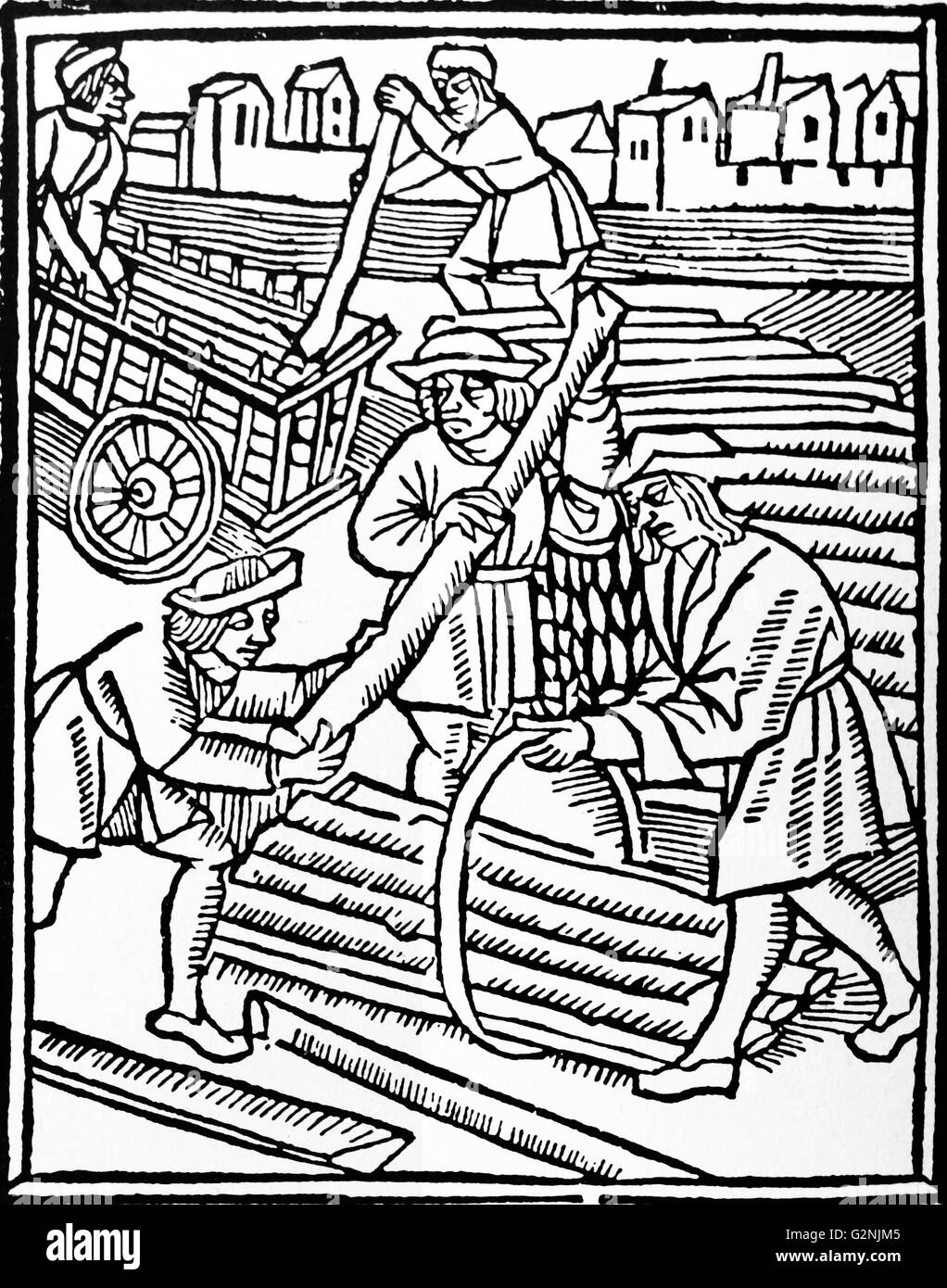 Gravure sur bois représentant le chargement de bois lamelle. En date du 15e siècle Banque D'Images