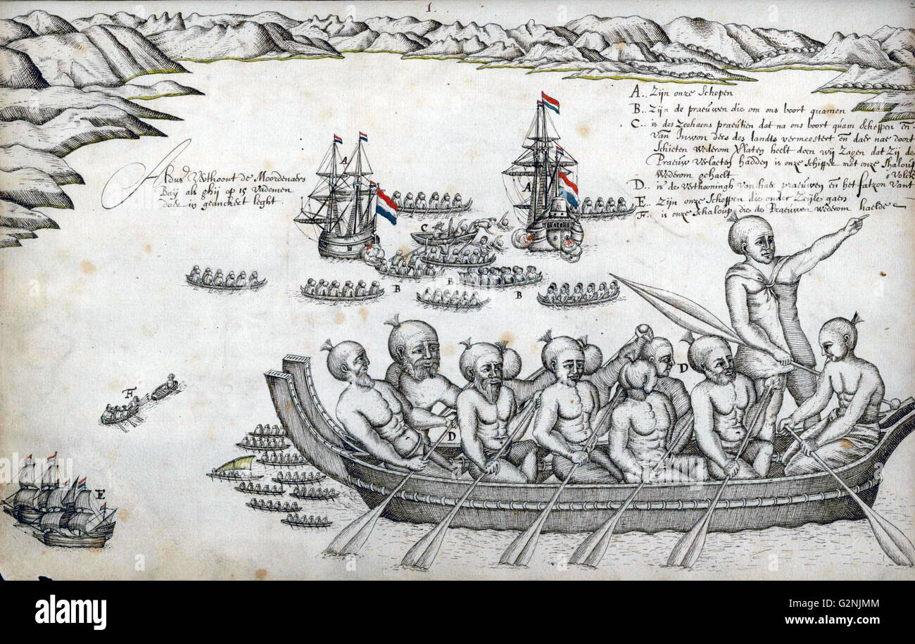 Première représentation picturale européenne, de la M ?ori, à la baie des assassins. À partir de l'Abel Tasman journal de voyage 1642 Banque D'Images