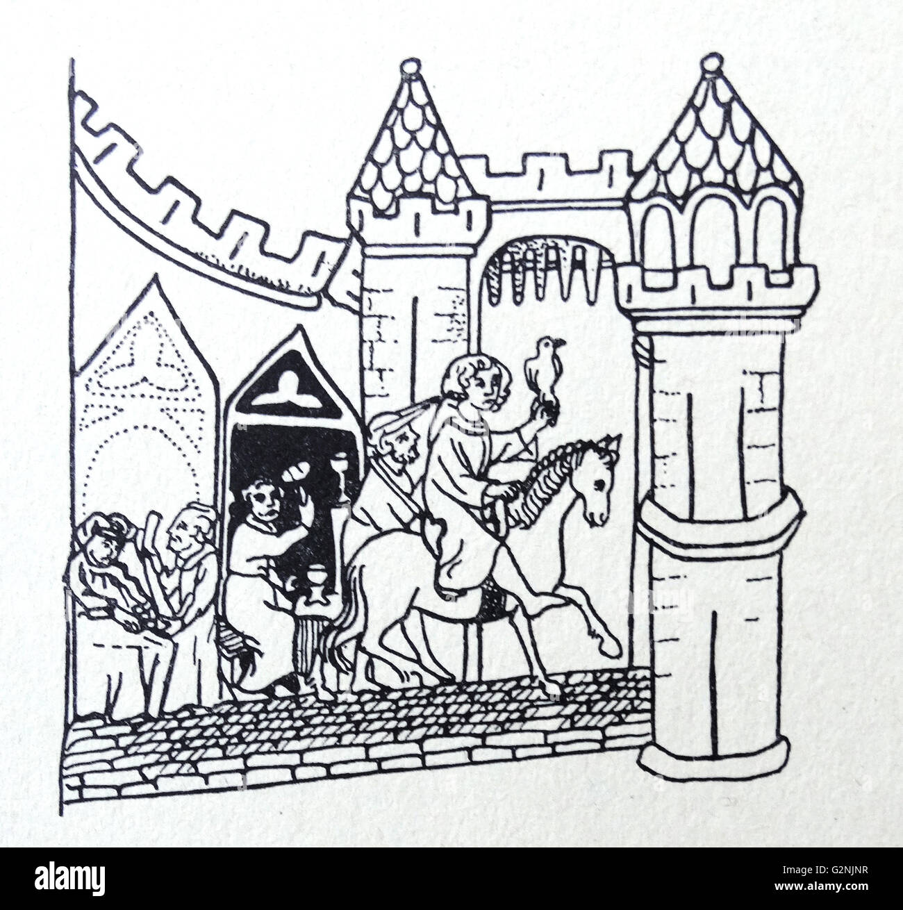 Gravure sur bois représentant une scène de rue Paris médiéval. Un orfèvre est vu à travers son travail de porte ouverte sur une tasse. En date du 14e siècle Banque D'Images