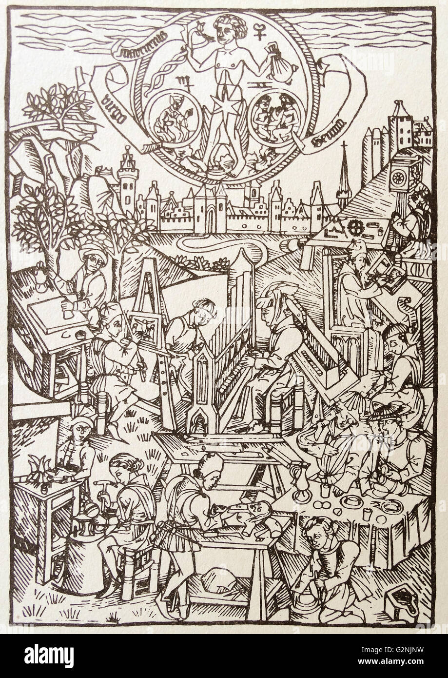 Gravure sur bois représentant le dieu Mercure régnant sur des potiers, des peintres, des orfèvres, des charpentiers, des maçons, des musiciens et des horlogers. En date du 15e siècle Banque D'Images