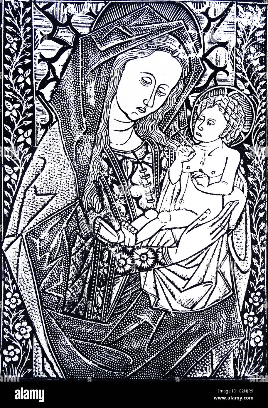 Imprimer de la Vierge à l'enfant de manière criblée (style pointillé). Elle a été créée à l'aide de plaques métalliques pour donner l'effet d'être criblée de trous. En date du 15e siècle Banque D'Images