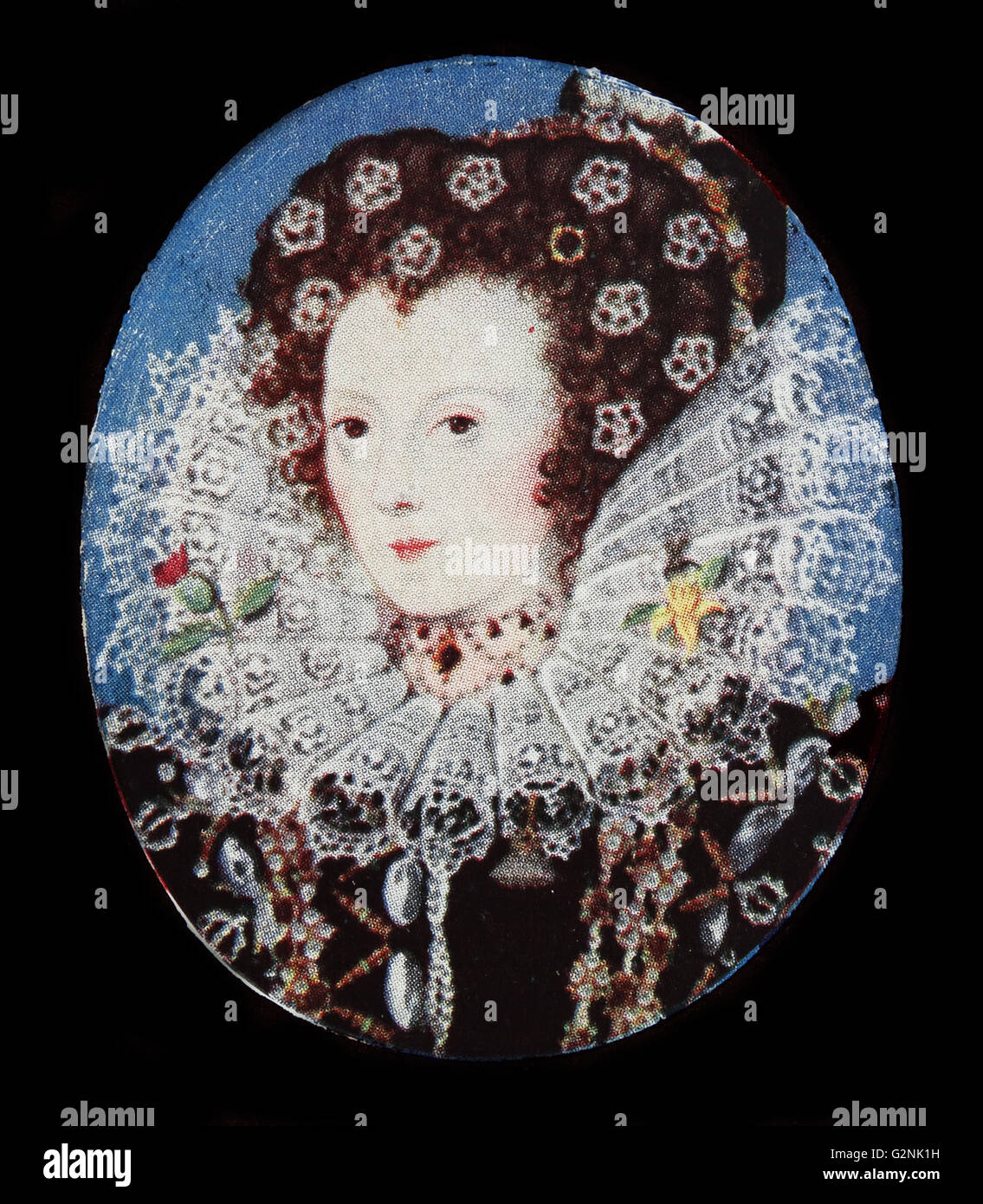 Portrait de la reine Elizabeth 1. Elizabeth 1 a été reine d'Angleterre et d'Irlande de 1558 jusqu'à sa mort. Elizabeth sans enfant est le cinquième et dernier monarque de la dynastie des Tudors. Par Nicholas Hillard (1547-1619), un orfèvre et limner plus connu pour son portrait miniatures des tribunaux d'Elizabeth 1 et Jacques 1 de l'Angleterre. Banque D'Images