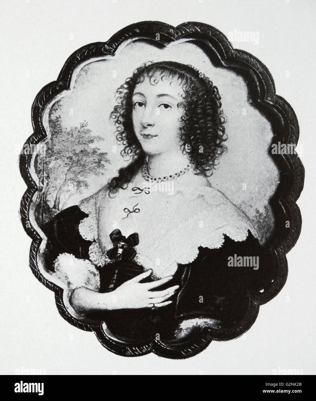 Henrietta Maria Reine de France (1609-1669). Henrietta était la plus jeune fille du roi Henri IV de France et Marie de Médicis. Son mariage avec Charles, prince de Galles, requis une dispense spéciale du Pape, parce que c'était la première fois qu'une princesse catholique avait épousé un prince Protestant. C'était un pas vers une alliance entre la France et l'Angleterre contre l'Espagne. Par John Hoskins l'ancien (1590-1665) peintre miniature anglais. Banque D'Images